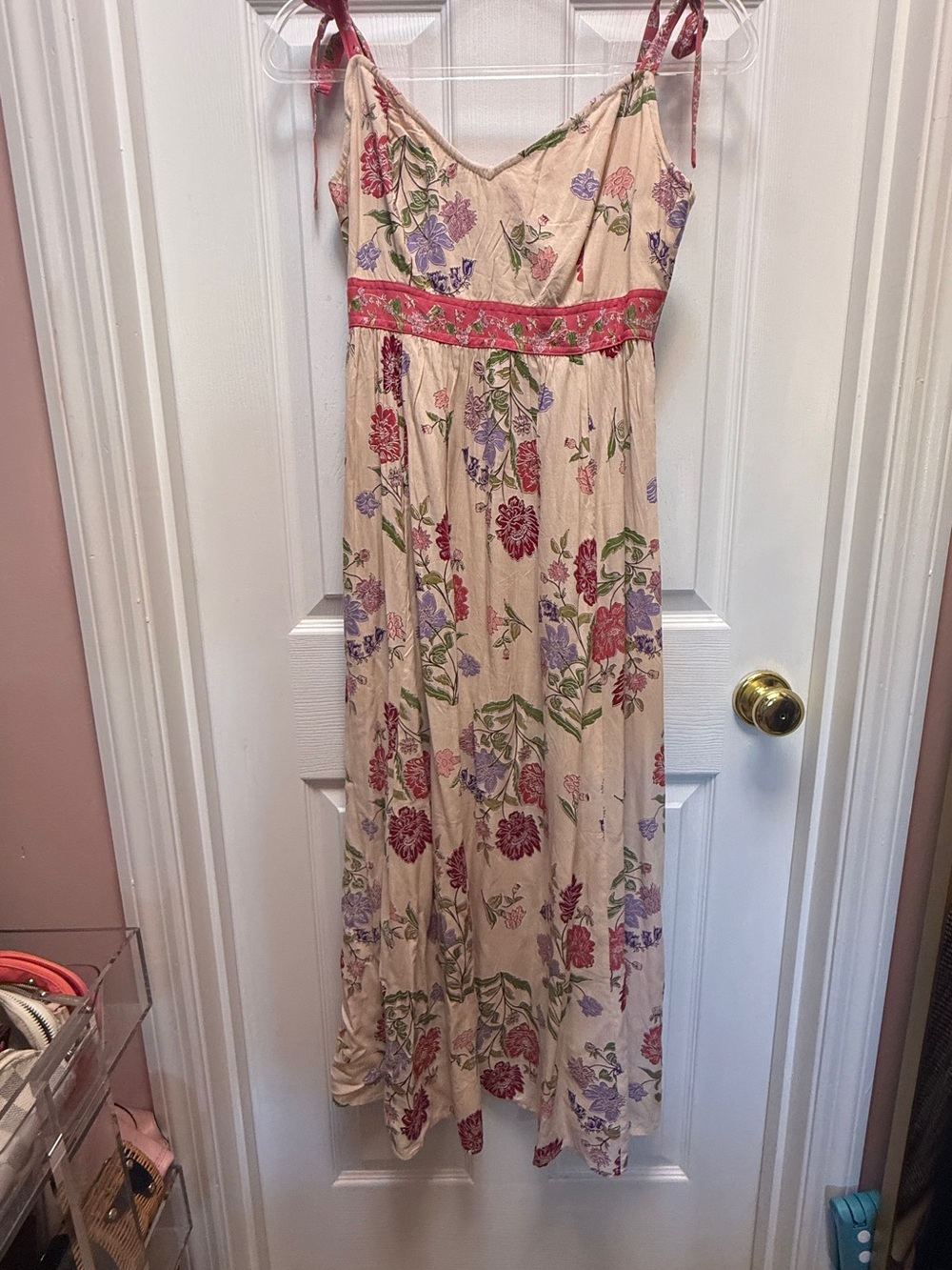 Floral Tie-Shoulder Maxi Dress in Cream with Pink Accents